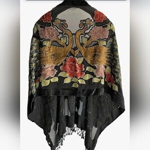 Embroidered Peacock and Floral Scarf Vintage